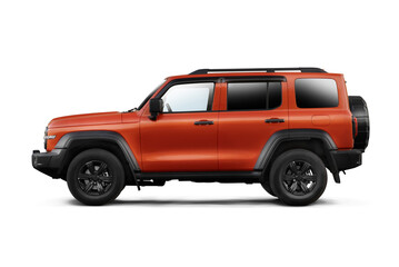 Left side view of an Orange colored Suv car on a transparent background.