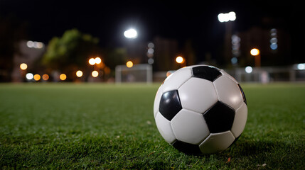 Fototapeta premium Classic Black And White Soccer Ball On Green Field