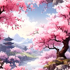 Serene Cherry Blossom Landscape with Traditional Japanese Architecture.