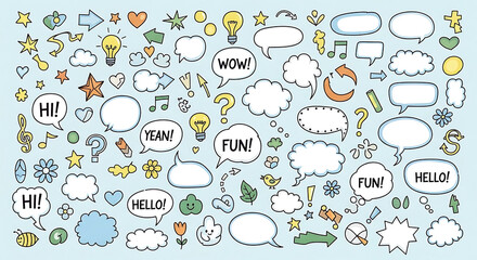 Collection of HandDrawn Speech Bubbles and Icons with Text.