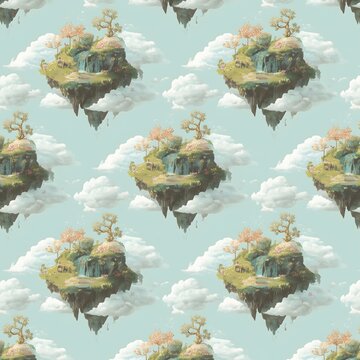 Floating Island Pattern with Clouds and Trees in Sky Blue Fantasy Landscape &ndash; Dreamy Seamless Magical World Design for Wallpaper, Fabric, and Digital Art