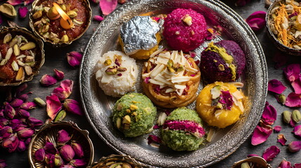 Overhead view of Diwali mithai assortment on silver plate