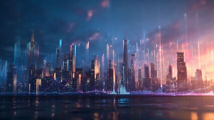 Obraz premium A vibrant cityscape at dusk, showcasing a modern metropolis with illuminated buildings against a colorful sky. The scene depicts a futuristic urban landscape with a network of lights.