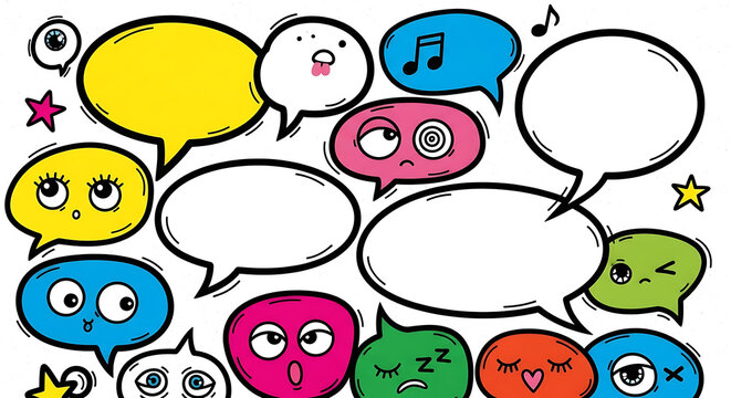 Colorful Cartoon Speech Bubbles with Various Expressions and Outlines.