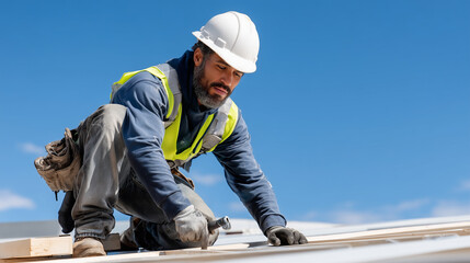 Skilled Roofing Contractor Repairing Home Roof With Tools