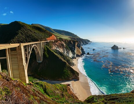 panoramic view of bixby creek bridge and the dramatic pacific ocean coastline big sur california