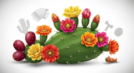 Vibrant Prickly Pear Cactus Blooming with Colorful Flowers and Desert Elements Illustrating a Lively Southwestern Landscape
