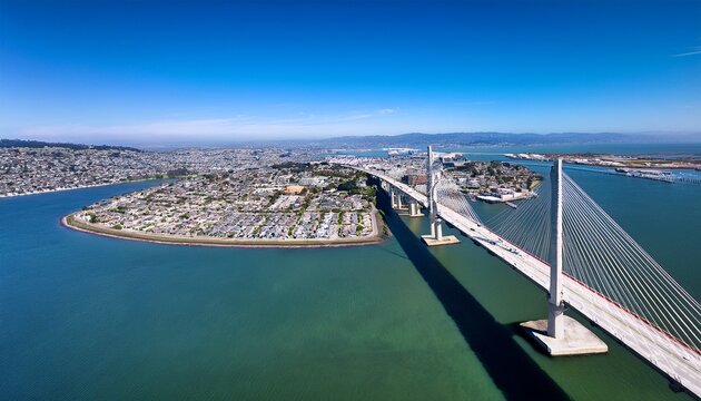 aerial view of san mateo bridge connecting the peninsula and east bay residential areas of foster city visible in the foreground san francisco bay area california