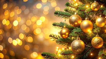 Christmas tree with glowing lights and golden ornaments, soft bokeh background