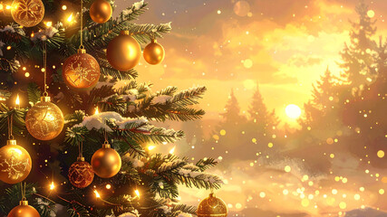 Christmas tree with glowing lights and golden ornaments, soft bokeh background
