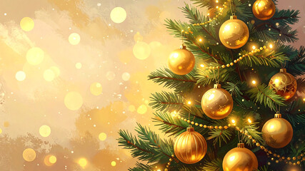 Christmas tree with glowing lights and golden ornaments, soft bokeh background