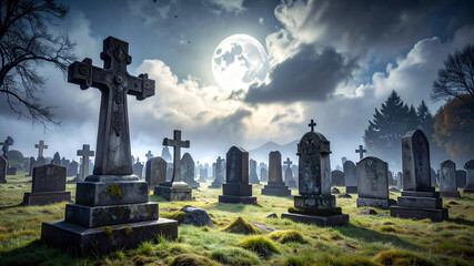 3D illustration of a spooky cemetery at night, mossy gravestones, cross, full moon in cloudy sky, cinematic lighting.