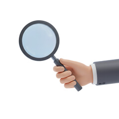 Hand in suit holding magnifying glass against black background