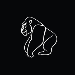 A simple line drawing of a gorilla sitting, depicted in white against a black background.