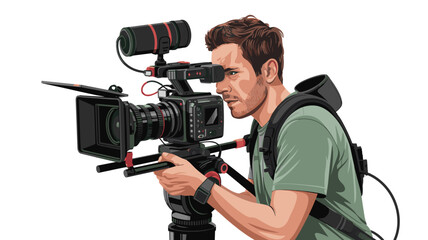 Professional cinematographer expertly filming with high-end camera, capturing perfect shot with focused precision, modern film industry equipment