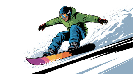 Dynamic snowboarder carving down mountain slope with speed and style, perfect for winter sports advertising or extreme adventure promotions