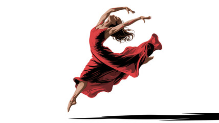 Graceful dancer in flowing red dress leaps with passion, embodying freedom and artistry, a symbol of creativity and movement, originally vector