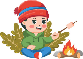 Cute cartoon camper roasting marshmallows over campfire, enjoying outdoor adventure in autumn season