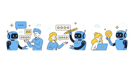 Vector art of robots and people interacting with technology