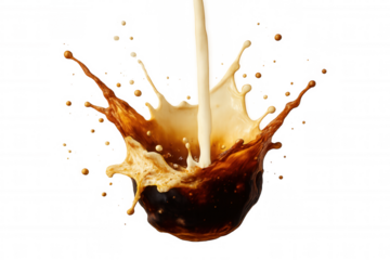 Coffee liquid swirling as a stream of creamy milk cascades in, creating a lively swirling pattern. Background is see-through