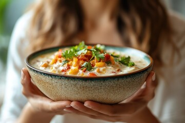 A person gently holds a rustic bowl of creamy corn chowder, richly garnished with fresh herbs, corn, and peppers, offering warmth and comfort.