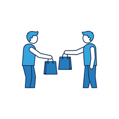 Obraz premium Two shoppers exchanging shopping bags in a minimalist blue scene, symbolizing commerce, trade, and consumerism in a modern, clean style.