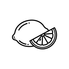Lemon and slice sit together on white surface, simple line drawing style with clean, crisp lines, minimalist and fresh.