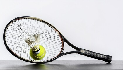 broken tennis racket with ball in strings on white