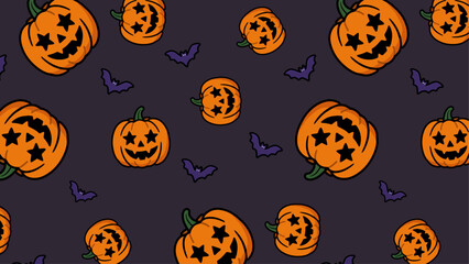 Halloween seamless pattern with pumpkins and bats — cute spooky jack-o’-lantern background design