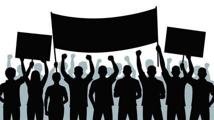 Dynamic crowd protesting with banners and raised fists, powerful symbol of collective action and social change