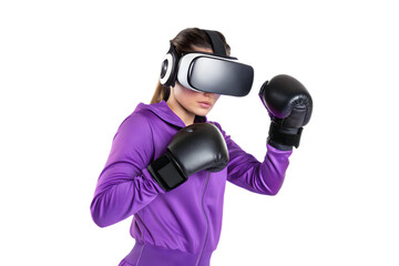 Woman in purple tracksuit wearing VR headset and black boxing gloves on black background