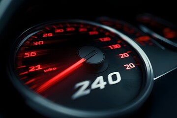 Fototapeta premium Close up of a car s illuminated speedometer dial showing a high speed reading with red glowing numbers and needle