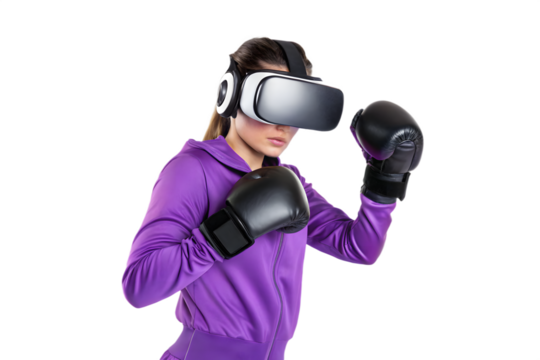 Woman in purple tracksuit wearing VR headset and black boxing gloves on black background