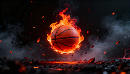 Basketball with fire flames floating dramatic ground effect