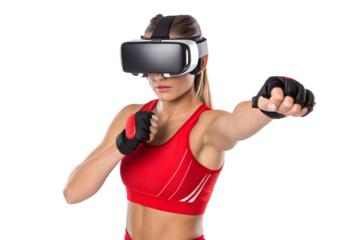 Woman Wearing VR Headset and Red Sports Bra Boxing virtual reality gloves
