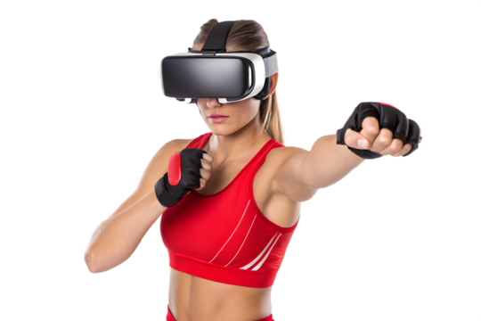 Woman Wearing VR Headset and Red Sports Bra Boxing virtual reality gloves