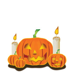 Halloween-themed illustration featuring carved jack-o’-lantern pumpkins with glowing faces, surrounded by lit candles. Bright orange and yellow tones create a festive, spooky atmosphere.