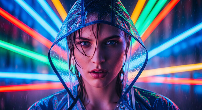 Woman in raincoat with neon lights portrait fashion photography cyberpunk aesthetic style futuristic city vibe