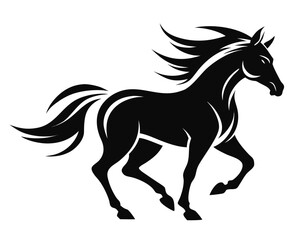Stylized black silhouette of a galloping horse, vector artwork on white background