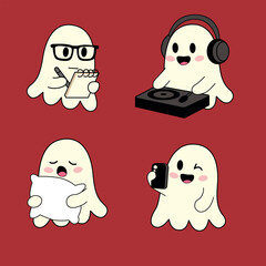 Cute cartoon ghosts with different hobbies: reading, DJing, hugging a pillow, and using a smartphone. Perfect for Halloween or ghost-themed designs.