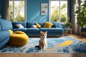 lose up view, with 3D, of a cat, siting on the rug, near a sofa, in a living room, with blue and yellow back ground, with garden view, through window
