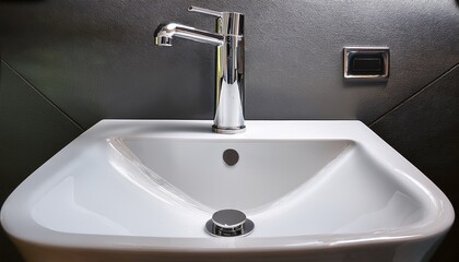 a sleek chrome faucet is positioned above a white ceramic basin in a contemporary bathroom the clean lines highlight the simplicity and elegance of modern interior design