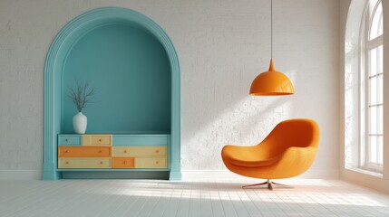 Contemporary living room with orange lounge chair and turquoise wall accent