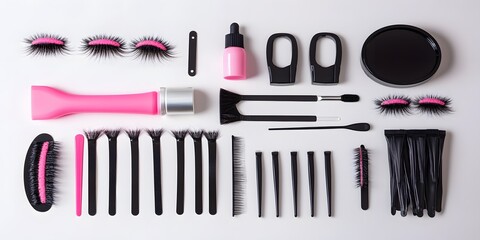 Eyelash extension tools and accessories arranged on a white surface, top view