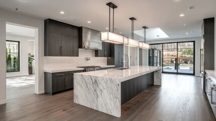 Contemporary kitchen with marble island and dark wood cabinetry