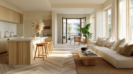 Bright Scandinavian kitchen and living room with natural wood and soft beige tones