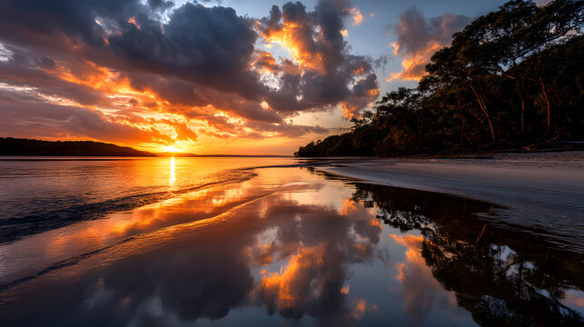 Golden sunset casting reflections on the calm ocean at the beach.