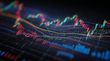 A close up view of a financial chart with green and red lines on a dark background display screen
