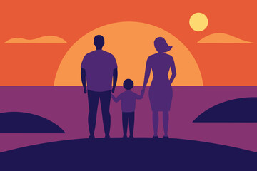 Fototapeta premium Family Watching Sunset on Beach Vector Illustration