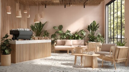 Cozy modern cafe interior with wooden furniture and green plants